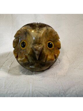 Vintage Alabaster Owl With Yellow Glass Eyes Hand Carved Sculpture Made in Italy